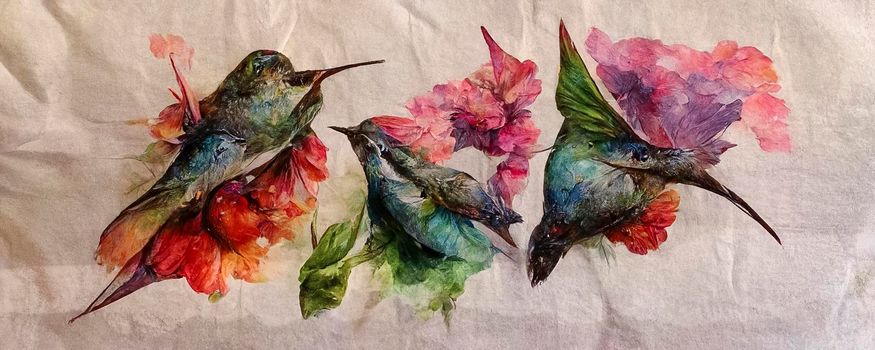 set of bright little birds, hummingbirds, watercolor hand drawing