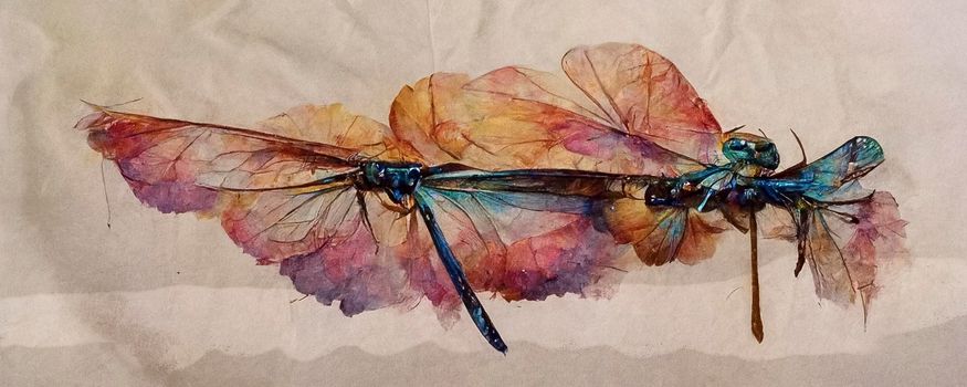 dragonfly watercolor multicolored splashes. Bright Watercolor Illustration of Colorfull Dragonfly. Hand Drawn Image of Insect. logo, card, drawing. Set with a dragonfly