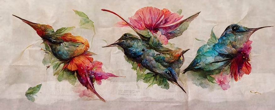 set of bright little birds, hummingbirds, watercolor hand drawing