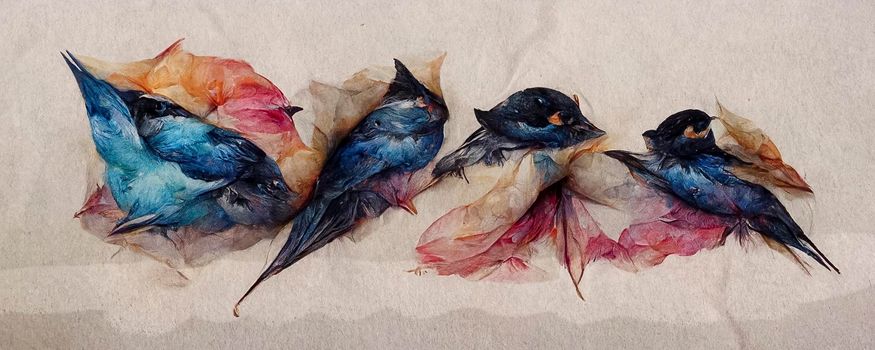 Watercolor swallows on silk canvas. CGI illustration