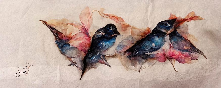 Watercolor swallows on silk canvas. CGI illustration