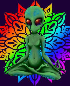 green alien in yoga pose 2d illustration with beautiful background art