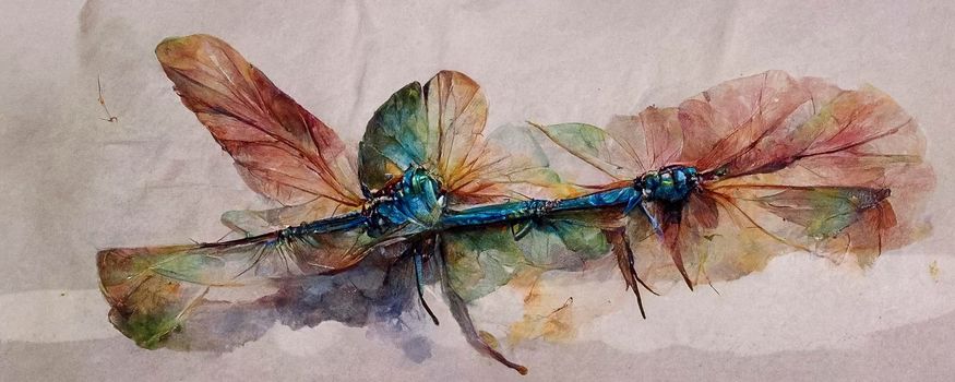 dragonfly watercolor multicolored splashes. Bright Watercolor Illustration of Colorfull Dragonfly. Hand Drawn Image of Insect. logo, card, drawing. Set with a dragonfly