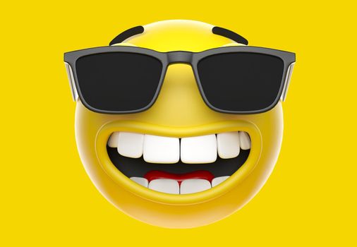 Happy yellow emoji smile with sunglasses, smiling face emoticon icon, 3d rendering.