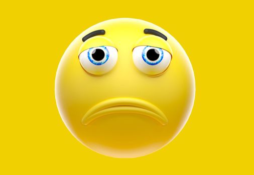 Sad yellow emoji, frustrated worried face emoticon icon, 3d rendering.