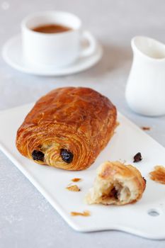 pain au chocolat, french sweet pastry speciality, side view