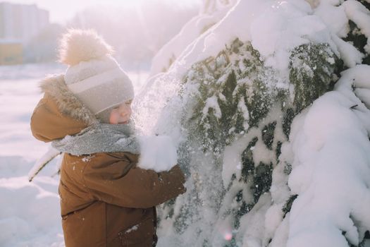 The kid shakes a branch with snow . Winter nature. An article about winter. Winter clothing