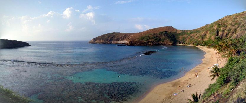 Aerial of Hanauma Bay and Beach in the early morning on the island of Oahu in the state of Hawaii.  Panoramic