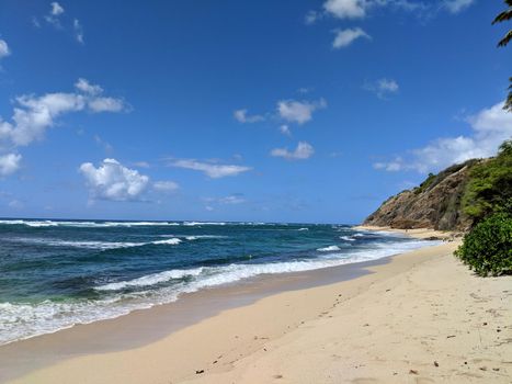 Waves lap on the sand on empty Diamond Head Beach on a Beautiful day with vegetation on cliff side on Oahu, Hawaii.