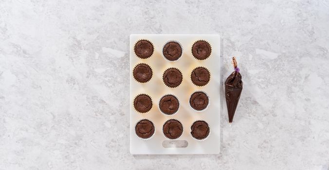 Flat lay. Filling s'mores cupcakes with chocolate ganache.