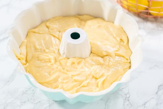 Cake batter in bundt cake pan ready for baking.