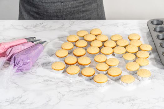 Piping ombre pink buttercream frosting on mini vanilla cupcakes.