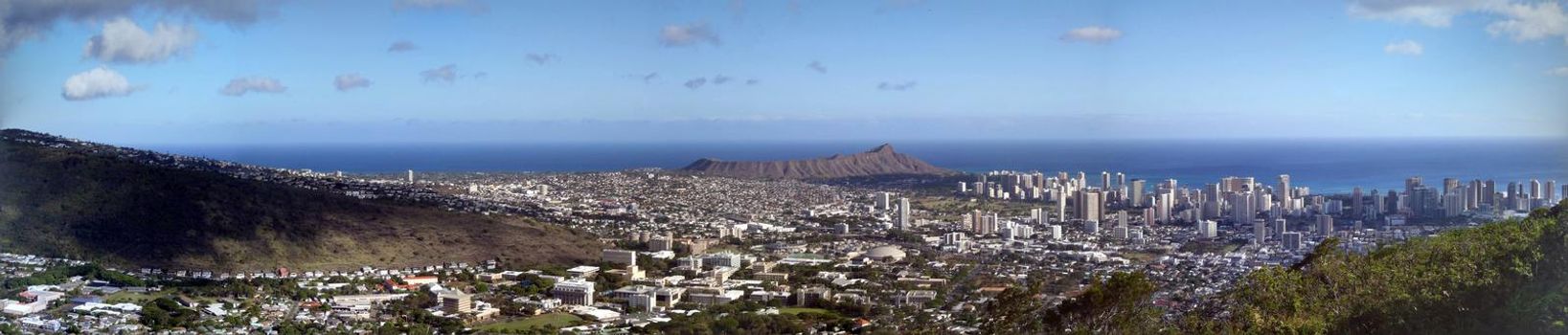 Aerial view of Diamondhead, Waikiki, Kapahulu, Kahala, Pacific ocean from the mountains on Oahu, Hawaii. Panoramic.  August 29, 2010.
