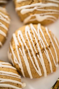 Freshly baked chocolate cookies with eggnog scones with a white chocolate drizzle on top.