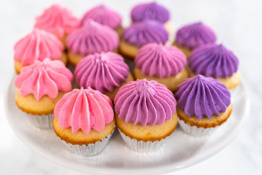 Freshly baked mini vanilla cupcakes with ombre pink buttercream frosting on a white cake stand.