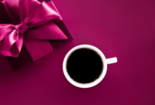 Romantic present, cafe backdrop and drink concept - Coffee cup and luxury gift box flatlay background