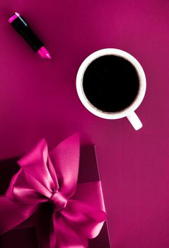 Romantic present, cafe backdrop and drink concept - Coffee cup and luxury gift box flatlay background