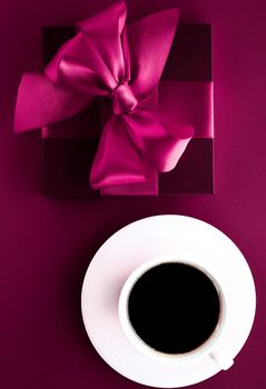 Romantic present, cafe backdrop and drink concept - Coffee cup and luxury gift box flatlay background