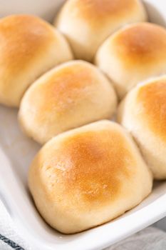 Freshly baked dinner rolls in a white ceramic dish.