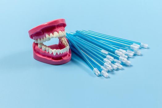 Close-up view of the human jaw layout with saliva ejectors on the blue background.