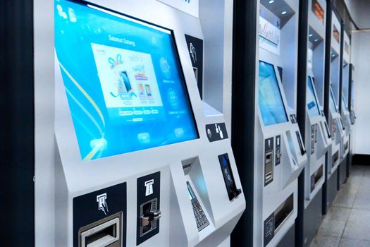 Ticket machines at the metro station. Kuala Lumpur, Malaysia - 04.01.2020