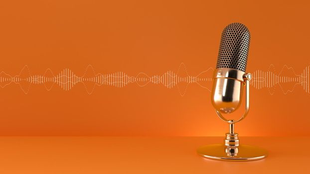 Creator content. Microphone and sound waveform on orange background. 3d rendering. Live, streaming, podcast.