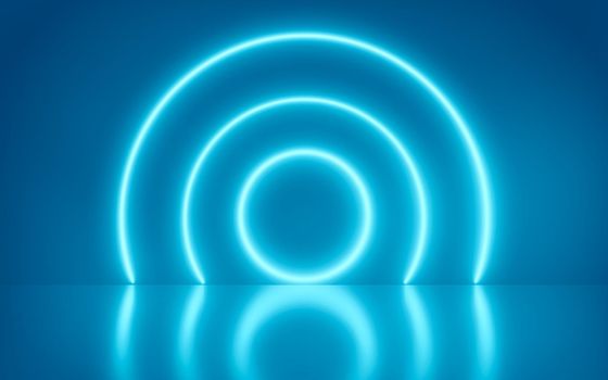 Neon circle abstract background, Blue spectrum vibrant colors, glowing lines, tunnel, neon lights, virtual reality, round portal, arch, laser show. 3d rendering,