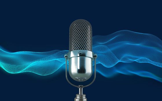 Microphone and Beauty abstract wave technology background with blue led light. podcast, live, streaming concept. 3d rendering.