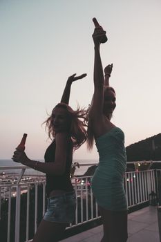 silhouette of two beautiful young girls with beers celebrating and having fun at a private party on the outdoor terrace at the night, leisure happiness and friendship concept, vintage look with grain