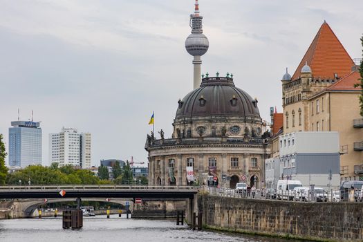 View from the river Spree to the TV tower and the cityscape in Berlin, Germany
