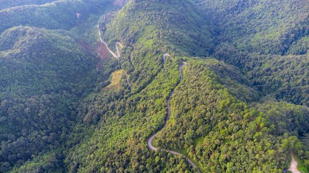 Aerial view of a hilltop road with beautiful green forests in Thailand. Aerial capture with drone.