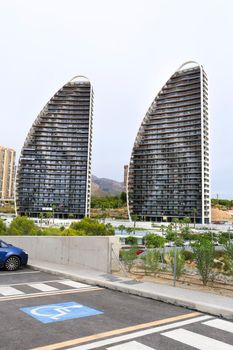 Benidorm, Alicante, Spain- September 11, 2022: Modern architecture buildings called Sunset Waves in the Poniente Beach Area in Benidorm