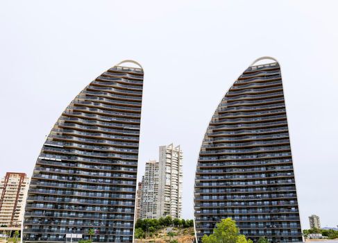 Benidorm, Alicante, Spain- September 11, 2022: Modern architecture buildings in the Poniente Beach Area in Benidorm