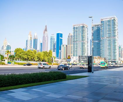 View of a skyscrapers in Dubai's main road, Sheikh Zayed road. Shot made from city walk area in center of the city. Outdoors
