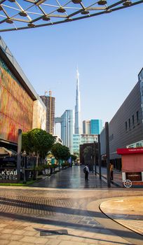 City Walk, Dubai. Address Sky view hotel and Burj Khalifa tallest building in the world can be seen on the scene. Outdoors