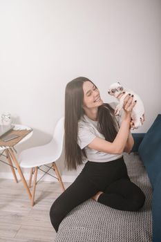 Vertical portrait of a happy beautiful woman holding adorable small chihuahua dog, sitting at home on the sofa