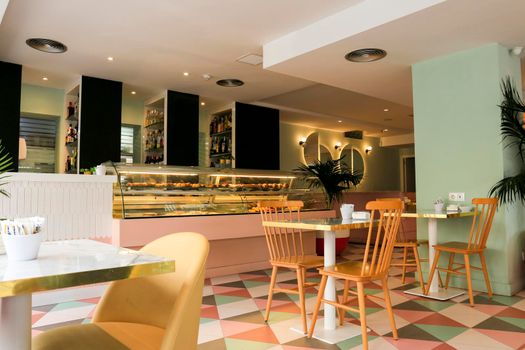Benidorm, Alicante, Spain- September 12, 2022: Empty coffee shop in Benidorm with beautiful vintage style