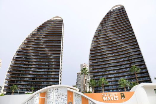 Benidorm, Alicante, Spain- September 11, 2022: Modern architecture buildings called Sunset Waves in the Poniente Beach Area in Benidorm