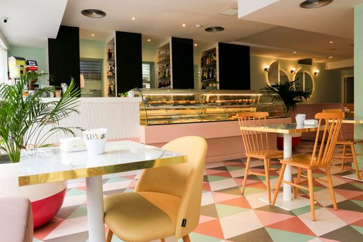 Benidorm, Alicante, Spain- September 12, 2022: Empty coffee shop in Benidorm with beautiful vintage style