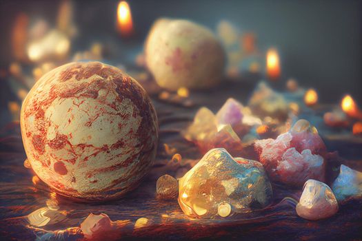 High resolution 3D render illustration of glass orb spectral wallpaper made from gold metal.
