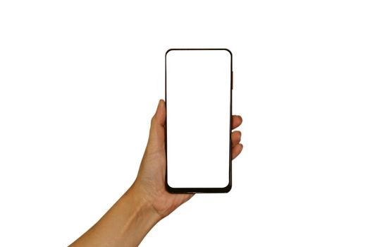 A woman's hand is holding a smartphone. Isolated object on a white background. Template for design. Mocap.