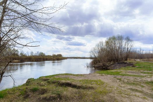 River in early spring, when the leaves of the trees have not yet bloomed. Suburban landscape on a sunny day at the riverbank.