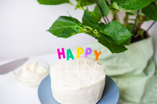 Birthday cake, on a creamy biscuit the inscription happiness. Surprise holiday and birthday concept