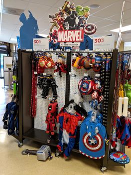 Honolulu - August 27, 2019: Marvel Pet Fans Collection inside Petco feature Iron Man, Deadpool, Black Panther, Captain American, Thor, and Avengers.