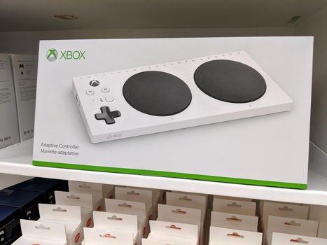 Honolulu - August 30, 2019: Xbox Adaptive Controller for sale inside Microsoft store in Ala Moana Mall.  The controller was designed for people with disabilities to help make user input for video games more accessible.