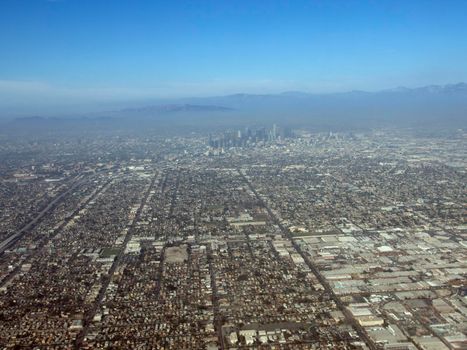 LA - October 26, 2018: Downtown Los Angeles and surrounding area aerial view taken from an airplane.