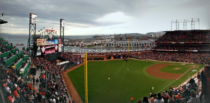 San Francisco - October. 28, 2010 : Opening Ceremony of game 2 of the 2010 World Series game between Giants and Rangers with whole stadium and surrounding area in view AT&T Park San Francisco, CA.   Panoramic