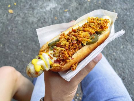 Hold Hot dog deep fried onion with pepper. Selective focus. Street food, fast food.