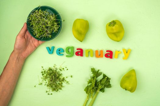 Word Veganuary from wooden blocks with letters on green background. Healthy plant based nutrition concept