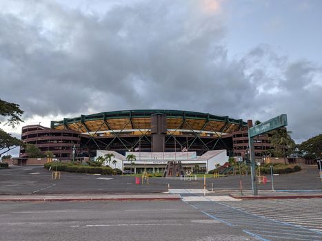 Honolulu - July 18, 2021: Statue and Box Office at Aloha Stadium which has been permanently closed.